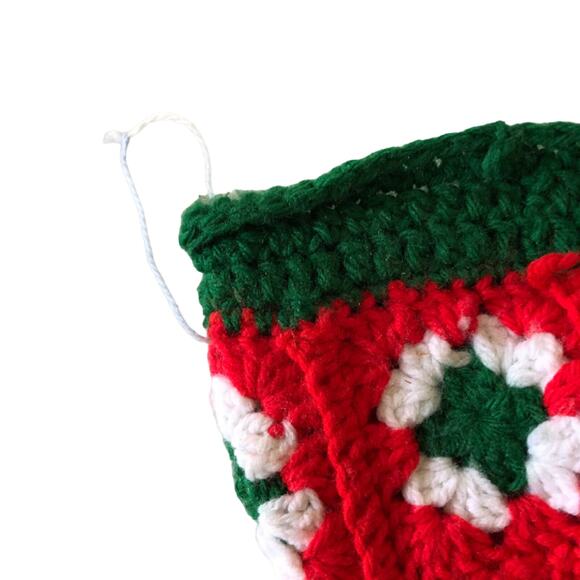 Vtg Crocheted Granny Square Christmas Stocking Red Green Handmade 12" Yarn - Picture 4 of 5